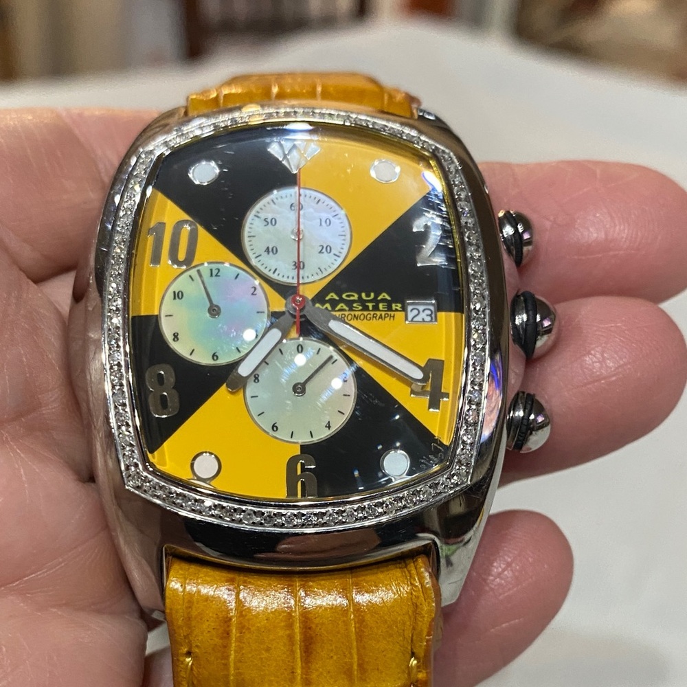 Aqua Master Yellow Chronograph Watch with diamonds.